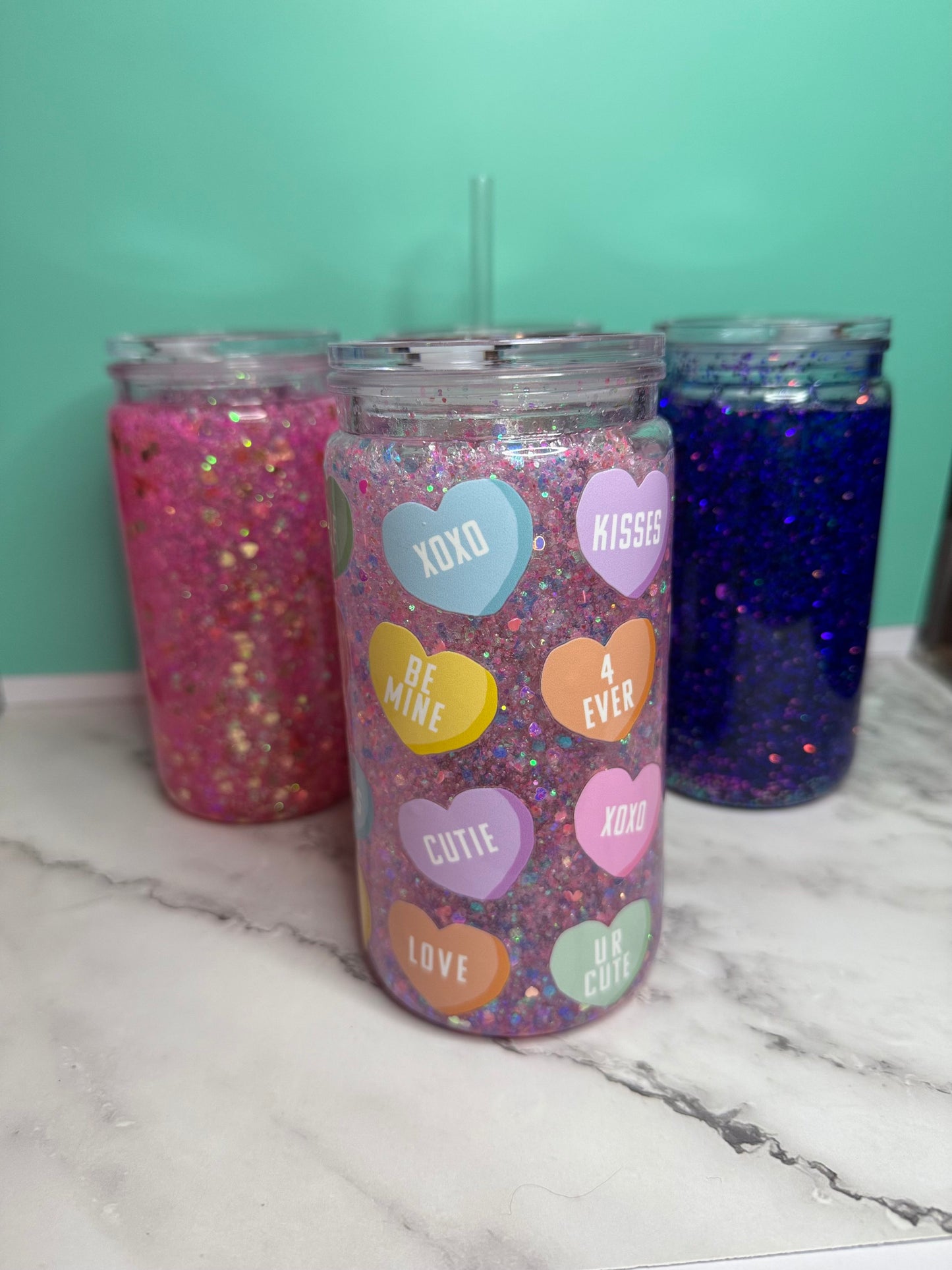 Conversation Hearts Glitter Tumbler